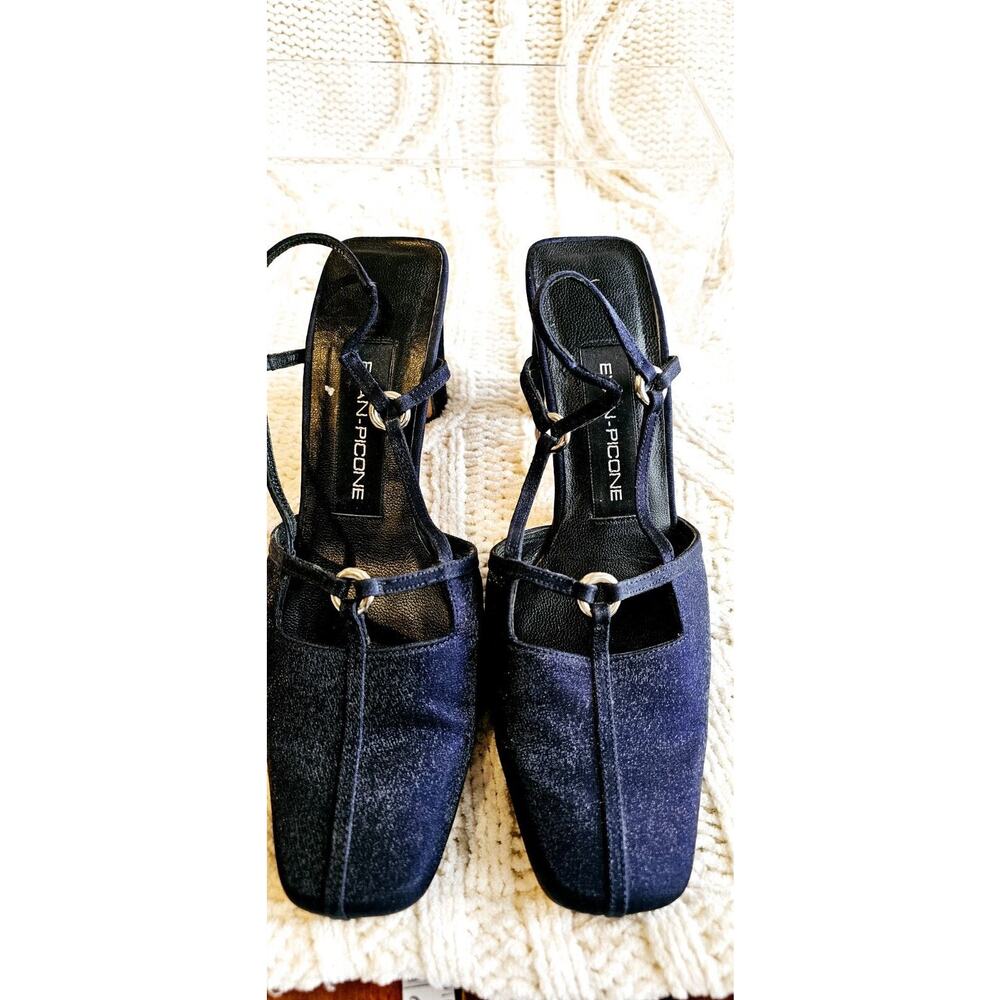 VTG Evan Picone D'Orsay Heels Navy Metallic Shine Slingback Leather Sole 7.5 M - Picture 2 of 4